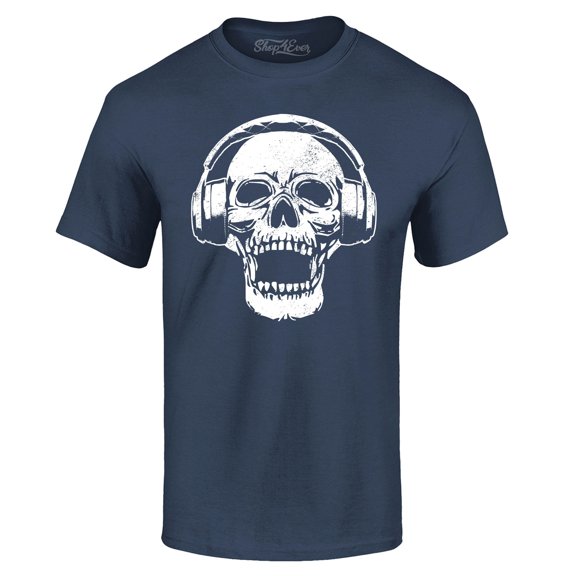 Shop4Ever Men's  DJ Skull Wearing Headphones Graphic T-shirt X-Large Navy