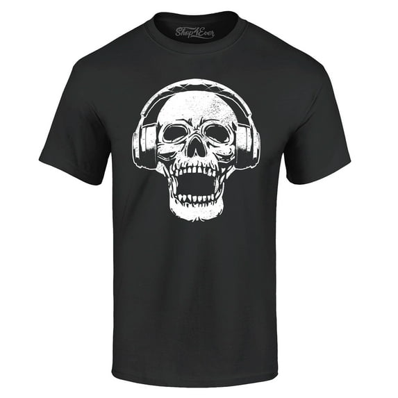 Shop4Ever Men's DJ Skull Wearing Headphones Graphic T-shirt XX-Large Black