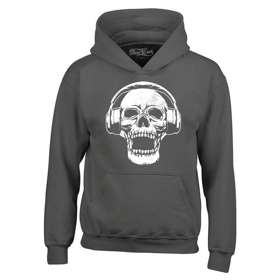 Shop4Ever Men's  DJ Skull Wearing Headphones Hooded Sweatshirt Hoodie Large Charcoal