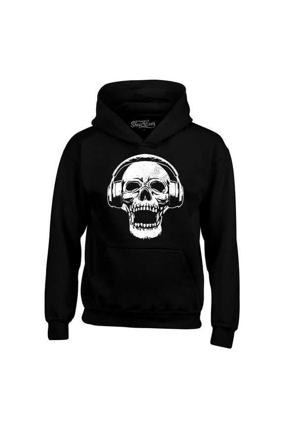 Men's DJ Skull Wearing Headphones Hooded Sweatshirt Hoodie Small Black