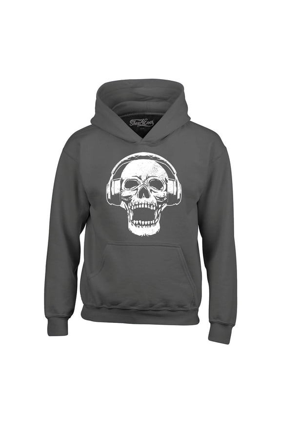 Men's  DJ Skull Wearing Headphones Hooded Sweatshirt Hoodie Small Charcoal