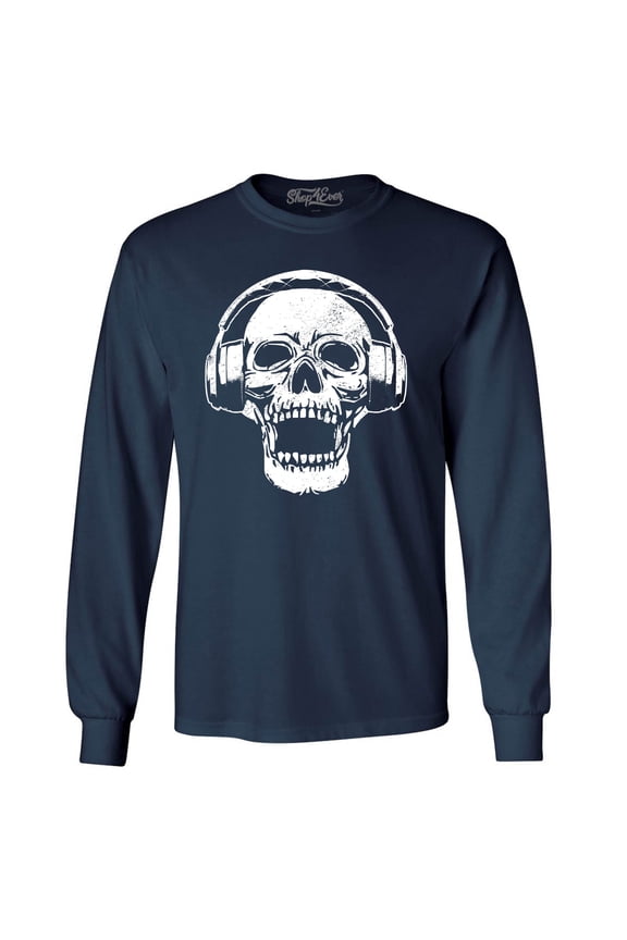 Men's  DJ Skull Wearing Headphones Long Sleeve Shirt Large Navy