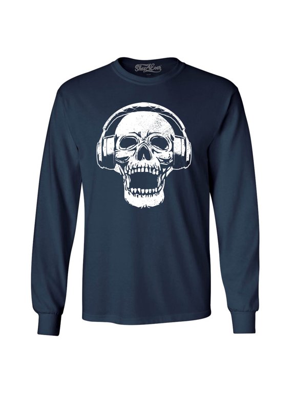 Men's DJ Skull Wearing Headphones Long Sleeve Shirt Large Navy