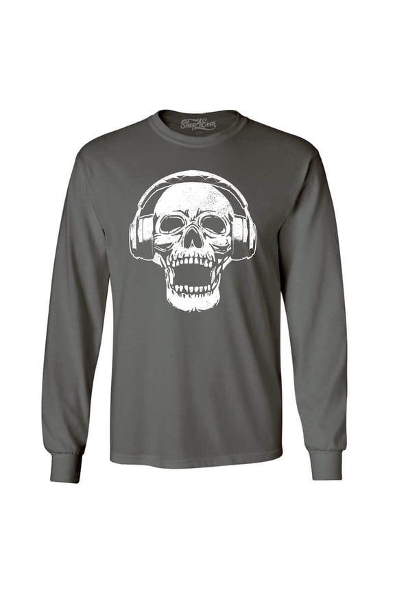 Men's DJ Skull Wearing Headphones Long Sleeve Shirt Medium Charcoal