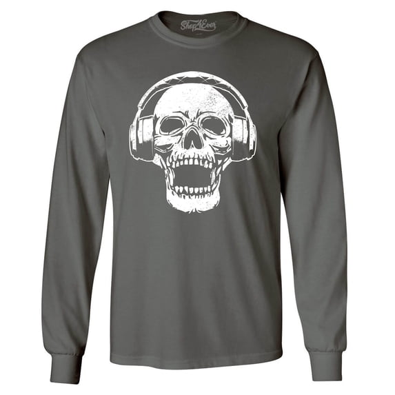 Shop4Ever Men's DJ Skull Wearing Headphones Long Sleeve Shirt Small Charcoal