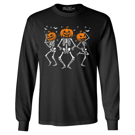 Shop4Ever Men's Dancing Jack O'Lantern Skeleton Halloween Pumpkin Skulls  Long Sleeve Shirt 3XL Black