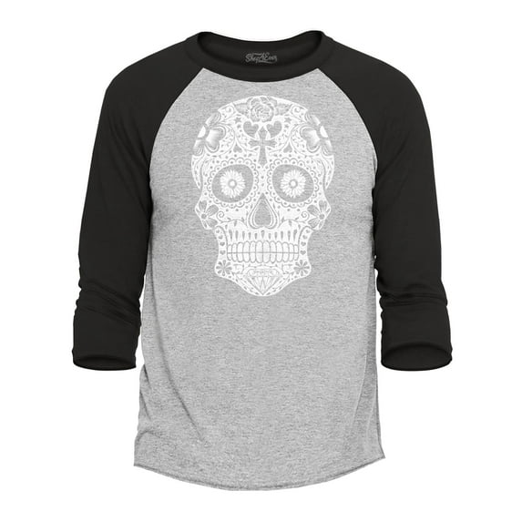 Shop4Ever Men's Day of The Dead White Skull Raglan Baseball Shirt Small Heather Grey/Black
