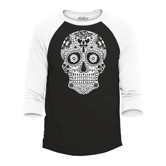 Shop4Ever Men's Day of The Dead White Skull Raglan Baseball Shirt X-Large Black/White