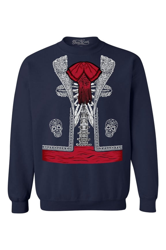 Men's Day of the Dead Mariachi Skeleton Costume Crewneck Sweatshirt Large Navy