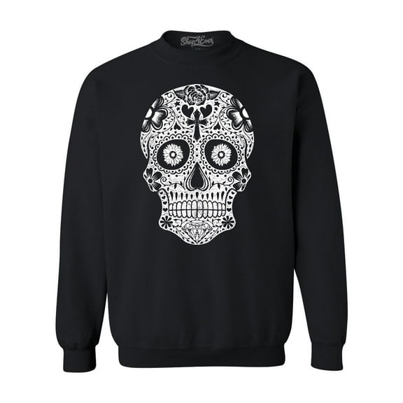 Shop4Ever Men's Day of the Dead White Skull Crewneck Sweatshirt Large Black