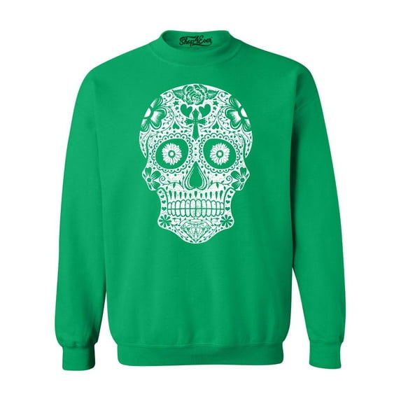Shop4Ever Men's Day of the Dead White Skull Crewneck Sweatshirt Medium Irish Green