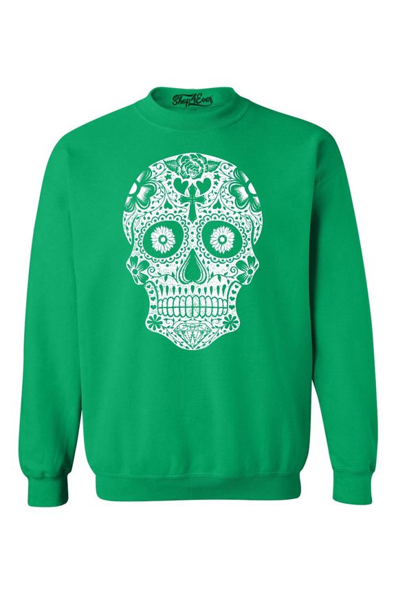 Men's Day of the Dead White Skull Crewneck Sweatshirt Small Irish Green