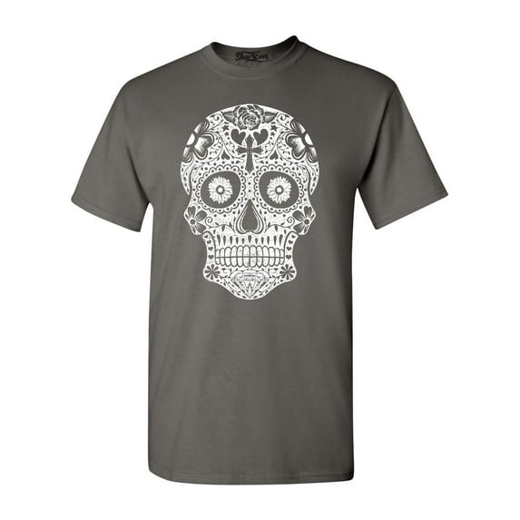 Shop4Ever Men's Day of the Dead White Skull Graphic T-shirt Large Charcoal