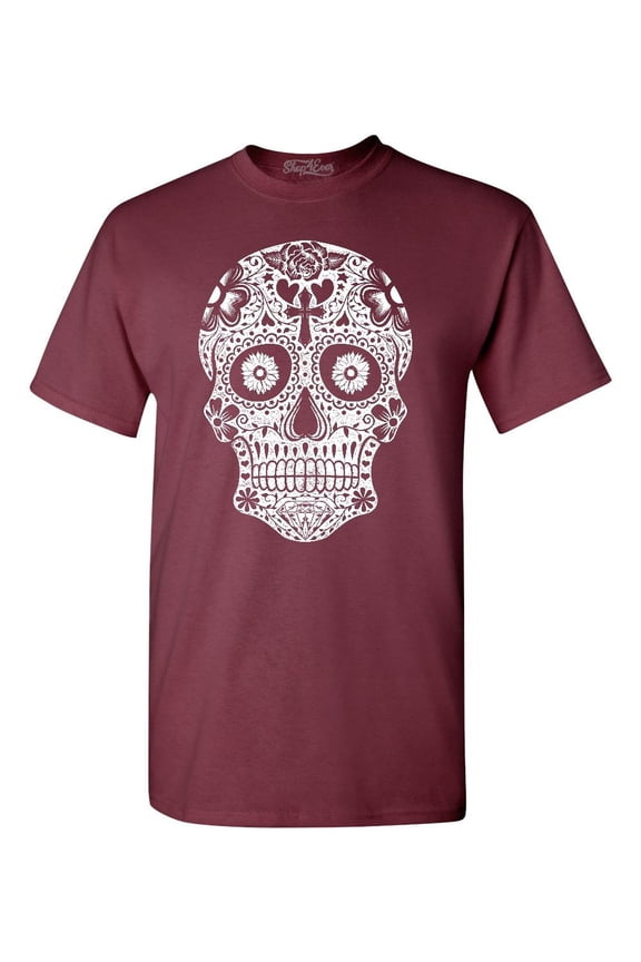Men's Day of the Dead White Skull Graphic T-shirt Large Maroon