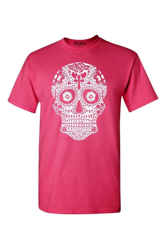 Men's Day of the Dead White Skull Graphic T-shirt Medium Heliconia Pink