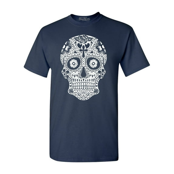 Shop4Ever Men's Day of the Dead White Skull Graphic T-shirt XXX-Large Navy