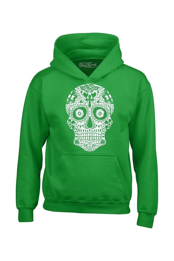 Men's Day of the Dead White Skull Hooded Sweatshirt Hoodie Medium Irish Green
