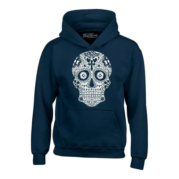Shop4Ever Men's Day of the Dead White Skull Hooded Sweatshirt Hoodie Medium Navy