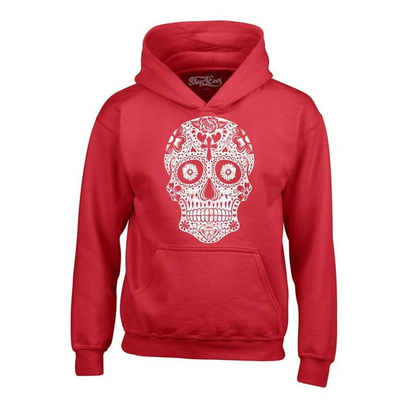 Shop4Ever Men's Day of the Dead White Skull Hooded Sweatshirt Hoodie Medium Red
