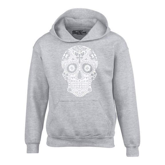Shop4Ever Men's Day of the Dead White Skull Hooded Sweatshirt Hoodie Small Sports Grey