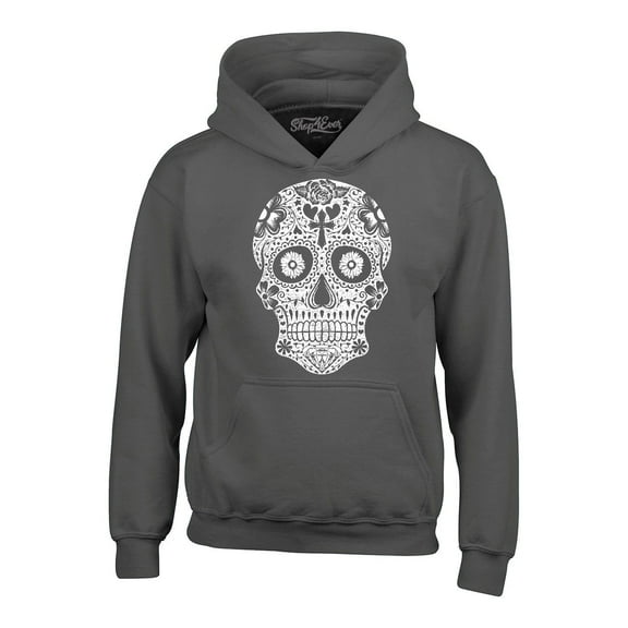 Shop4Ever Men's Day of the Dead White Skull Hooded Sweatshirt Hoodie X-Large Charcoal