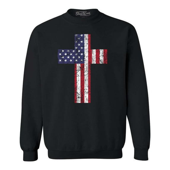 Shop4Ever Men's Distressed American Flag Cross Crewneck Sweatshirt X-Large Black