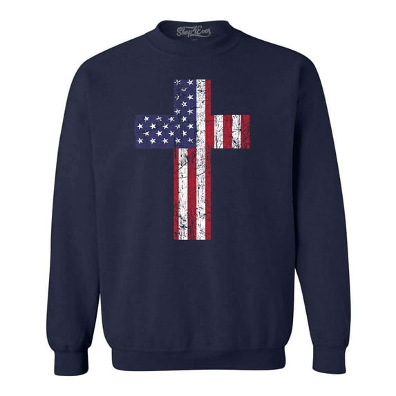 Shop4Ever Men's Distressed American Flag Cross Crewneck Sweatshirt X-Large Navy