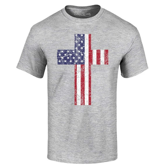 Shop4Ever Men's Distressed American Flag Cross Graphic T-shirt Medium Sports Grey