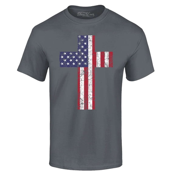 Shop4Ever Men's Distressed American Flag Cross Graphic T-shirt X-Large Black