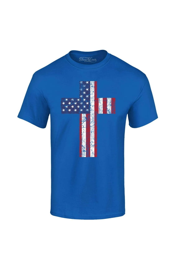 Men's Distressed American Flag Cross Graphic T-shirt XX-Large Royal Blue