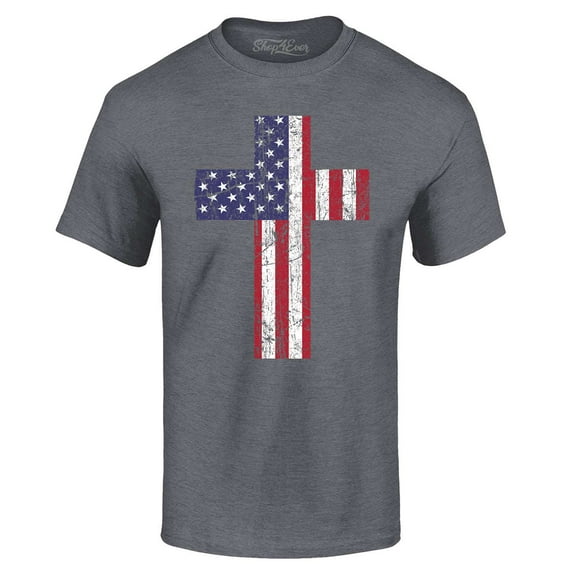 Shop4Ever Men's Distressed American Flag Cross Graphic T-shirt XXXX-Large Charcoal