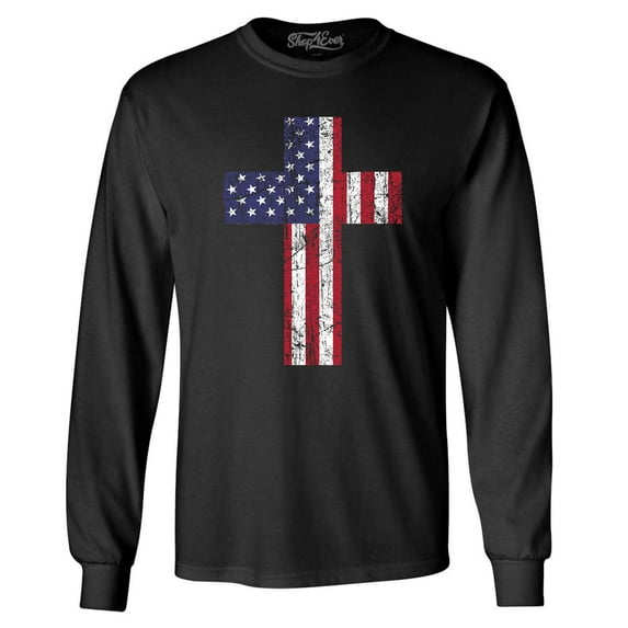 Shop4Ever Men's Distressed American Flag Cross Long Sleeve Shirt 2XL Black