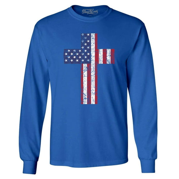 Shop4Ever Men's Distressed American Flag Cross Long Sleeve Shirt Medium Royal Blue