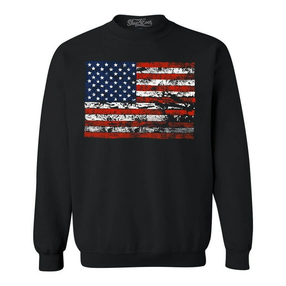 Shop4Ever Men's Distressed American Flag Horizontal USA Patriotic 4th of July Crewneck Sweatshirt XXX-Large Black