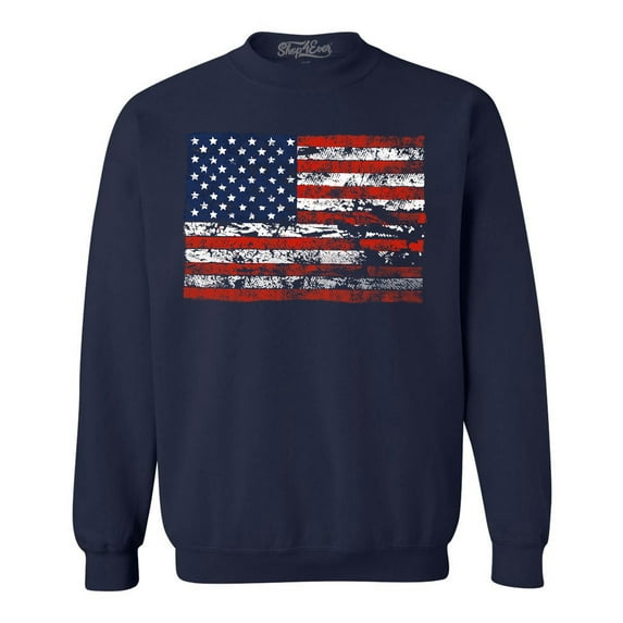 Shop4Ever Men's Distressed American Flag Horizontal USA Patriotic 4th of July Crewneck Sweatshirt XXX-Large Navy