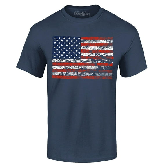 Shop4Ever Men's Distressed American Flag Horizontal USA Patriotic 4th of July Graphic T-shirt X-Large Navy