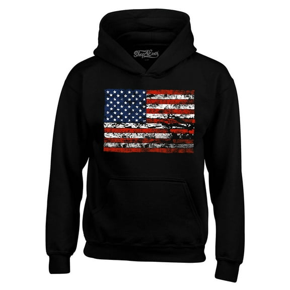 Shop4Ever Men's Distressed American Flag Horizontal USA Patriotic 4th of July Hooded Sweatshirt Hoodie Small Black