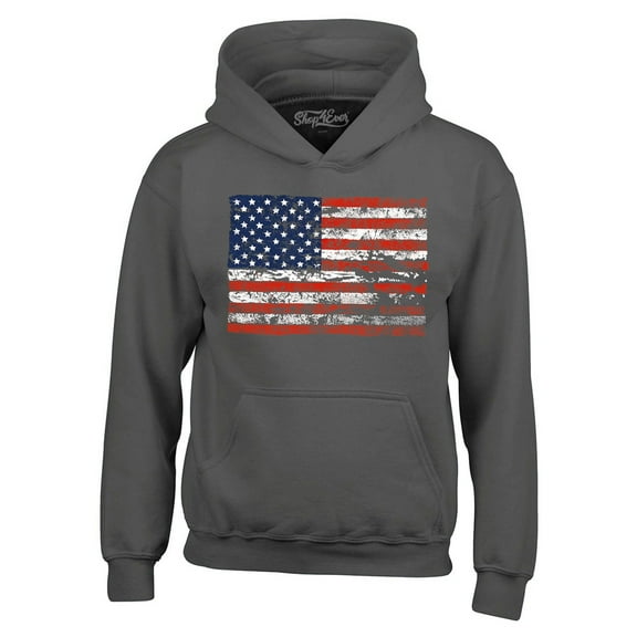 Shop4Ever Men's Distressed American Flag Horizontal USA Patriotic 4th of July Hooded Sweatshirt Hoodie XX-Large Charcoal