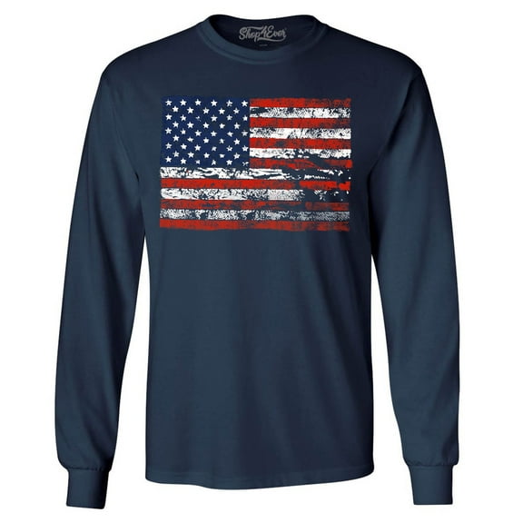 Shop4Ever Men's Distressed American Flag Horizontal USA Patriotic 4th of July Long Sleeve Shirt Large Navy