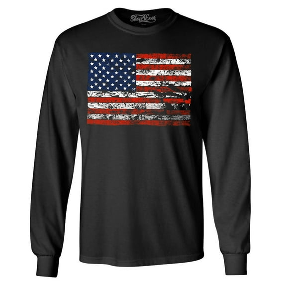 Shop4Ever Men's Distressed American Flag Horizontal USA Patriotic 4th of July Long Sleeve Shirt X-Large Black