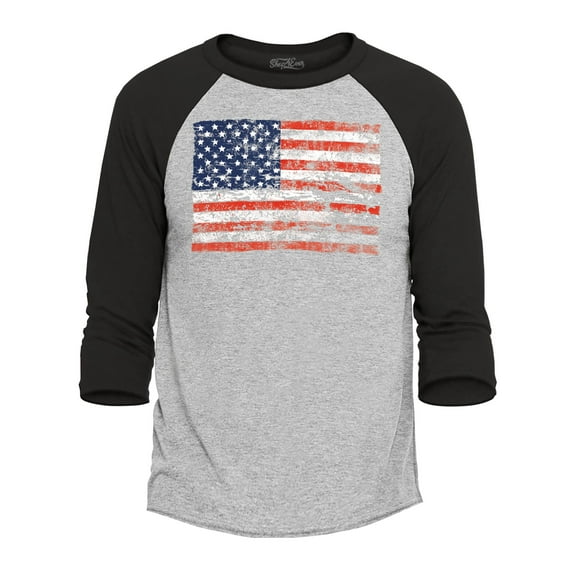 Shop4Ever Men's Distressed American Flag Horizontal USA Patriotic 4th of July Raglan Baseball Shirt Medium Heather Grey/Black