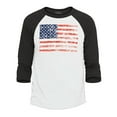 thumbnail image 1 of Shop4Ever Men's Distressed American Flag Horizontal USA Patriotic 4th of July Raglan Baseball Shirt Small White/Black, 1 of 4