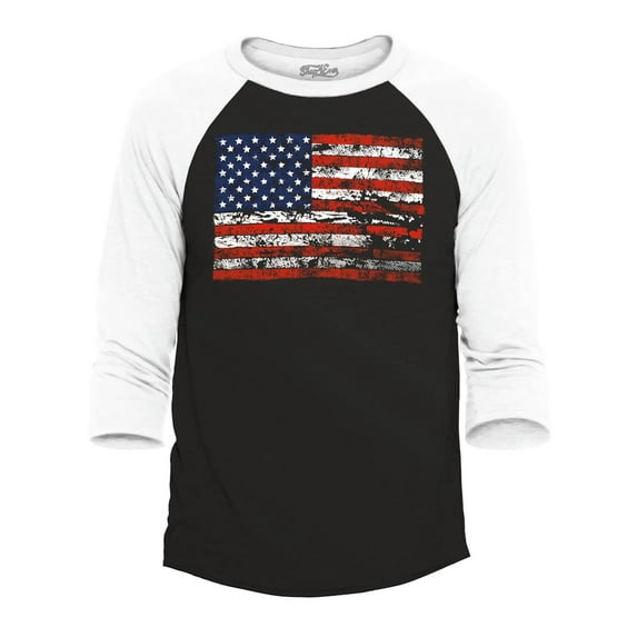 Shop4Ever Men's Distressed American Flag Horizontal USA Patriotic 4th of July Raglan Baseball Shirt X-Large Black/White