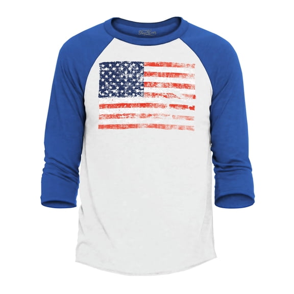 Shop4Ever Men's Distressed American Flag Horizontal USA Patriotic 4th of July Raglan Baseball Shirt X-Large White/Red