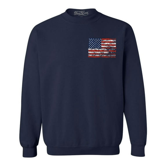 Shop4Ever Men's Distressed American Flag Pocket Size USA Patriotic 4th of July Crewneck Sweatshirt Medium Navy