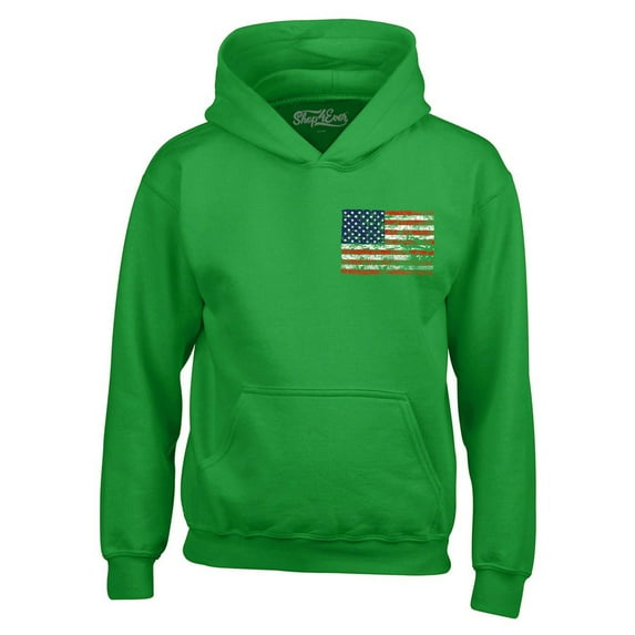 Shop4Ever Men's Distressed American Flag Pocket Size USA Patriotic 4th of July Hooded Sweatshirt Hoodie X-Large Irish Green