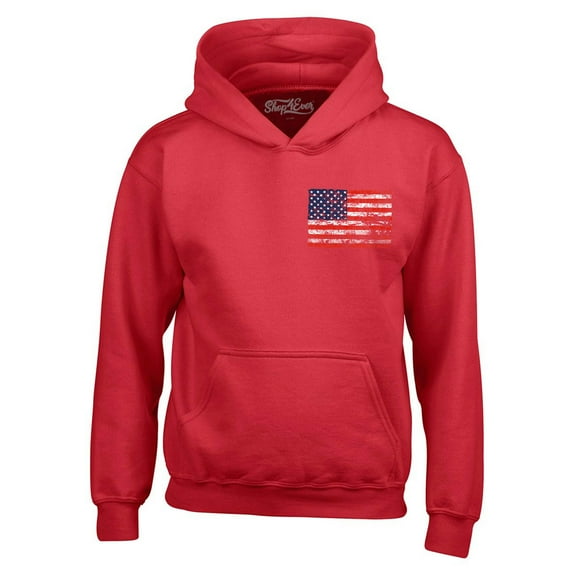 Shop4Ever Men's Distressed American Flag Pocket Size USA Patriotic 4th of July Hooded Sweatshirt Hoodie X-Large Red