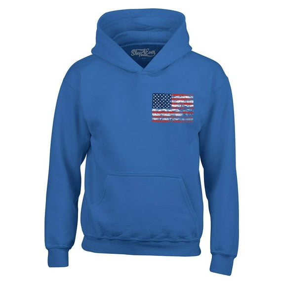 Shop4Ever Men's Distressed American Flag Pocket Size USA Patriotic 4th of July Hooded Sweatshirt Hoodie XX-Large Royal Blue