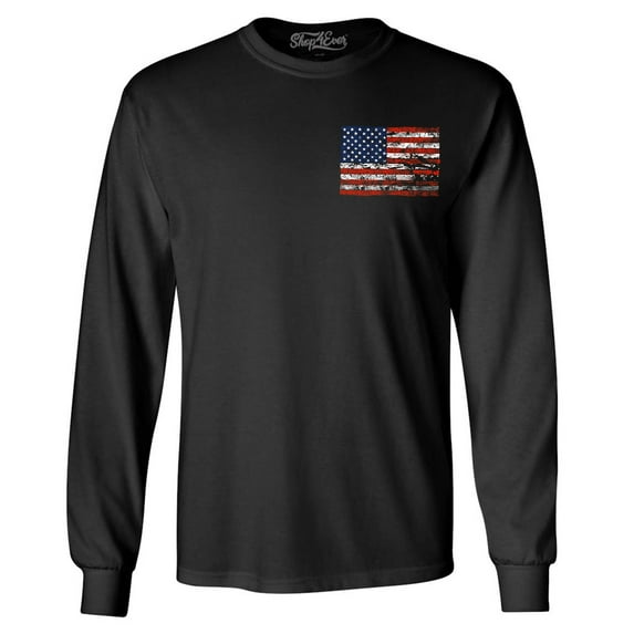 Shop4Ever Men's Distressed American Flag Pocket Size USA Patriotic 4th of July Long Sleeve Shirt Medium Black