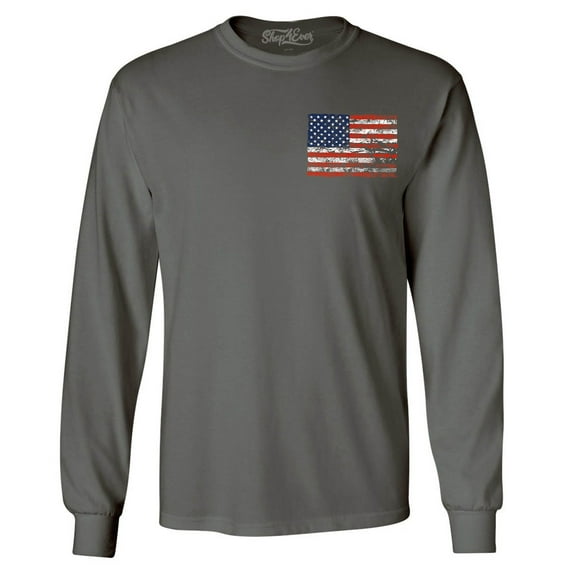 Shop4Ever Men's Distressed American Flag Pocket Size USA Patriotic 4th of July Long Sleeve Shirt Medium Charcoal